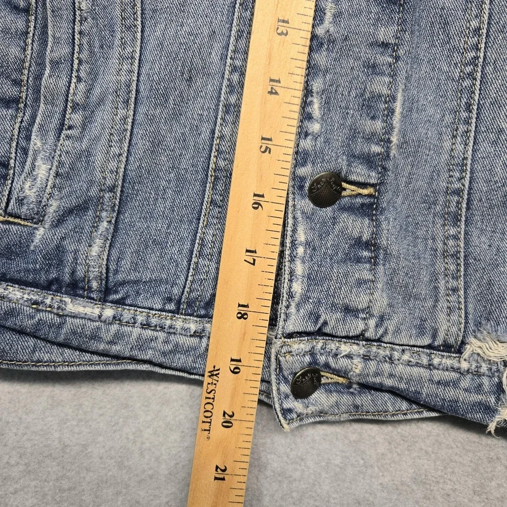 Free People‎ Jacket Womens Small Blue Gray Denim Fleece Hoodie Distressed Casual - Picture 14 of 16